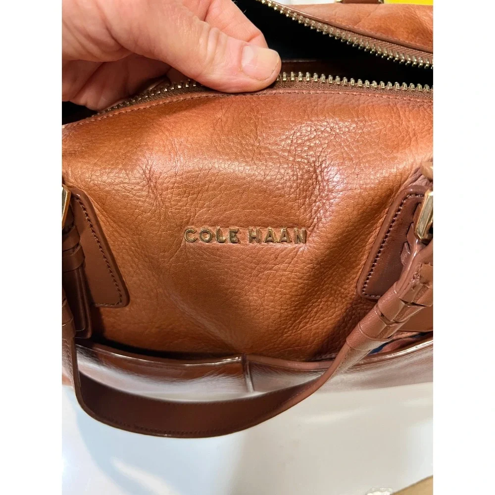 Cole Haan Cognac Leather Satchel Braided Handle Doctor Bag Brown Gold Hardware